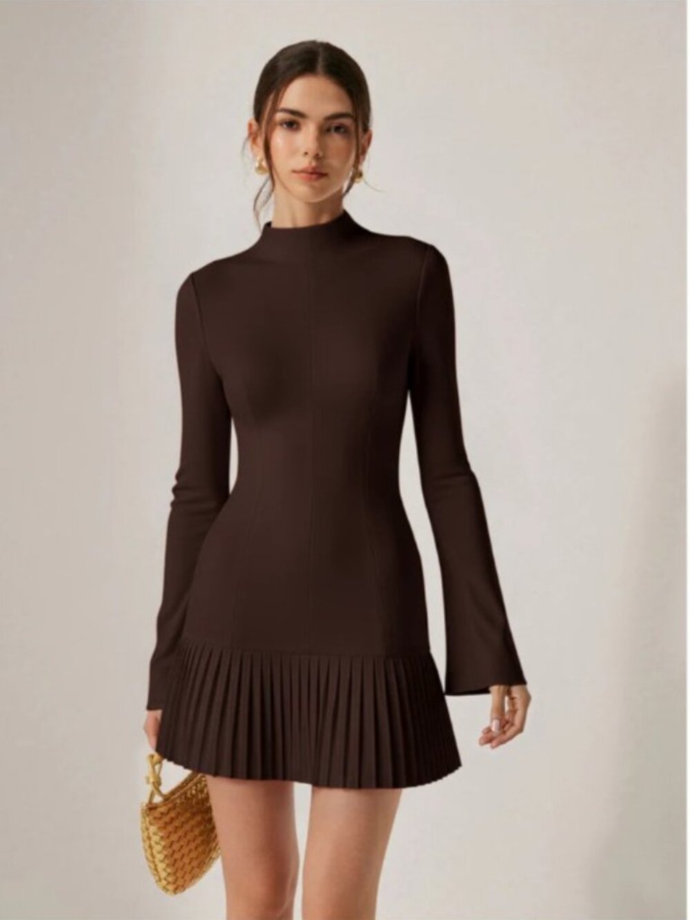 Commense NWT Pleated hem mock neck mini dress in Dark Brown